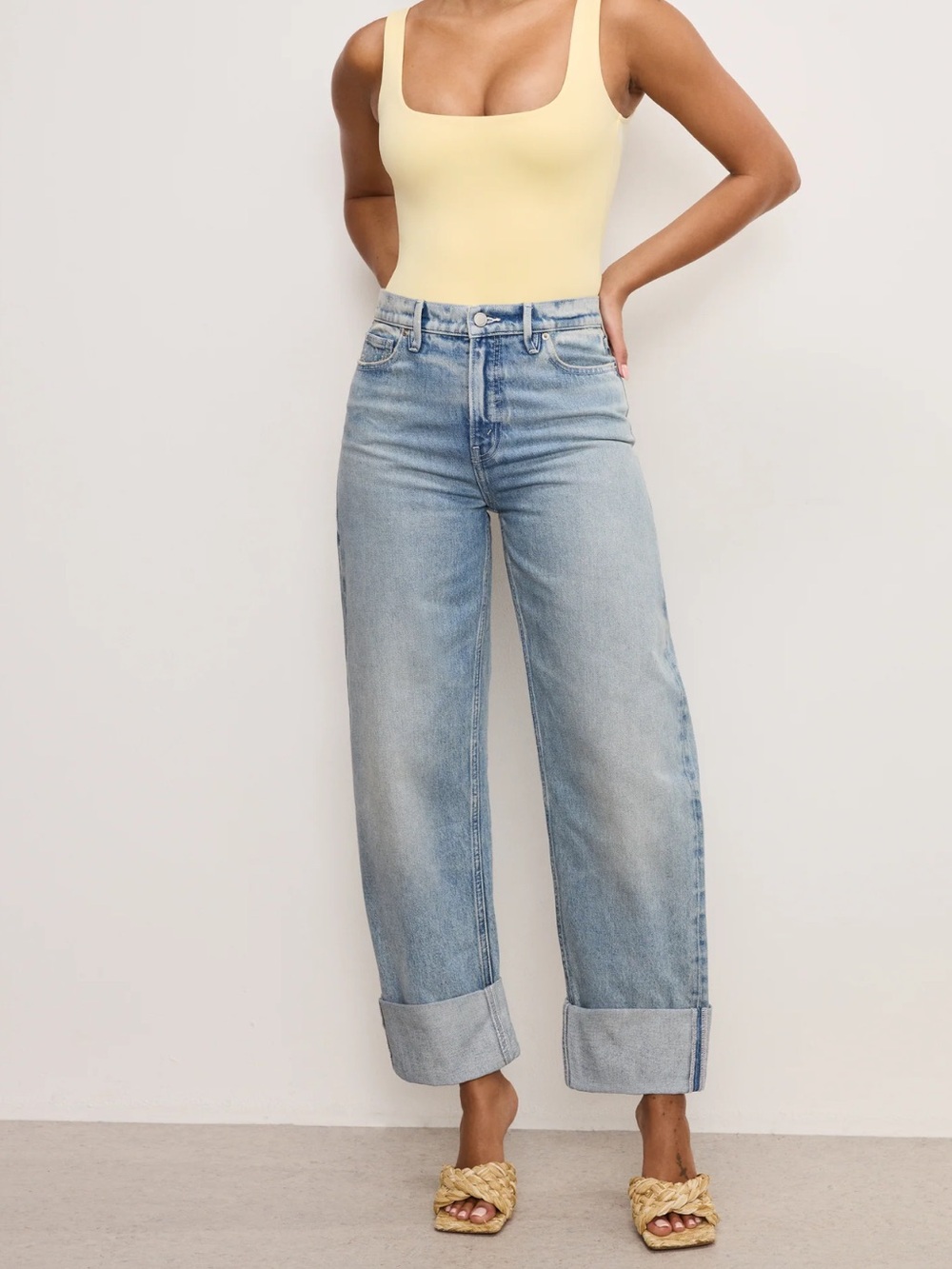 Good American sz 8 29 Standard cuffed rolled barrel high rise wide taper jeans